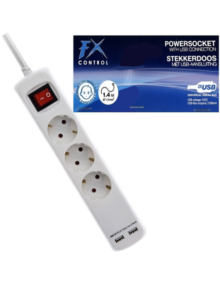 Stekkerdoos 3V - RA - 2x USB - 1.40m - 3x1.5mm