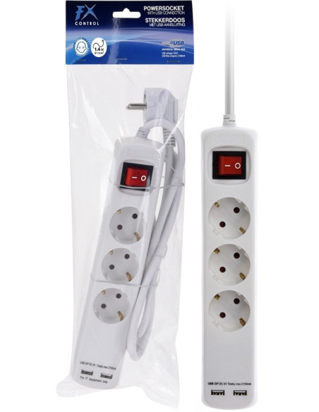 Stekkerdoos 3V - RA - 2x USB - 1.40m - 3x1.5mm