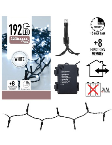 Kerstverlichting 192 LED's - wit - op batterij