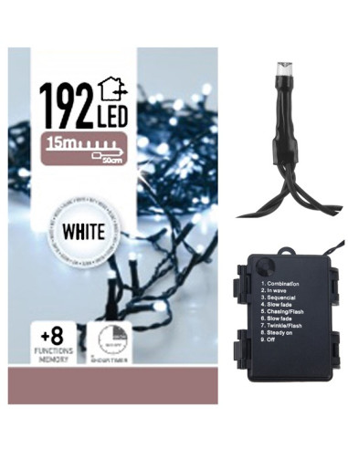 Kerstverlichting 192 LED's - wit - op batterij
