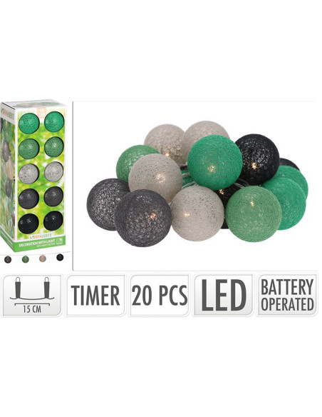 Decoratieslinger verlicht - 20 LED Lampionnen van Katoen - met Timer - Groen