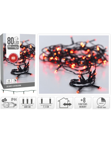Kerstverlichting 80 led- 6m - rood - Timer -...