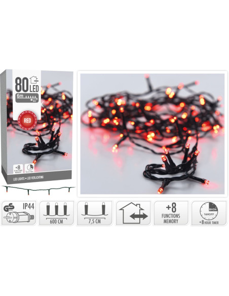 Kerstverlichting 80 led- 6m - rood - Timer - Lichtfuncties - Geheugen - Buiten