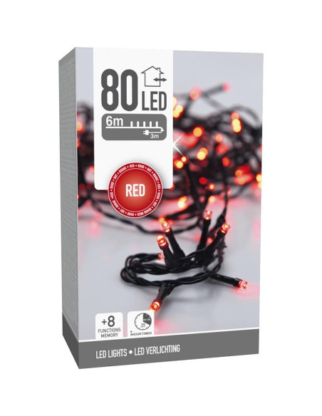 Kerstverlichting 80 led- 6m - rood - Timer - Lichtfuncties - Geheugen - Buiten