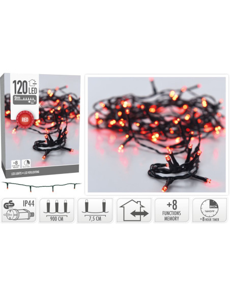 Kerstverlichting 120 led- 9m - rood - Timer - Lichtfuncties - Geheugen - Buiten