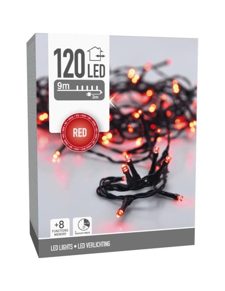 Kerstverlichting 120 led- 9m - rood - Timer - Lichtfuncties - Geheugen - Buiten