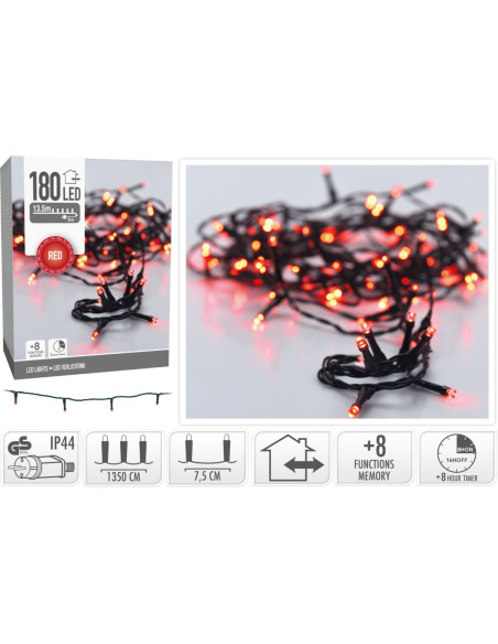 Kerstverlichting 180 led- 13.5m - rood - Timer - Lichtfuncties - Geheugen - Buiten