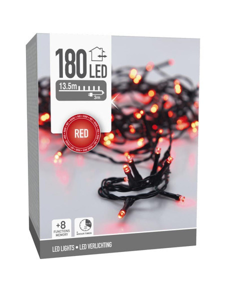 Kerstverlichting 180 led- 13.5m - rood - Timer - Lichtfuncties - Geheugen - Buiten