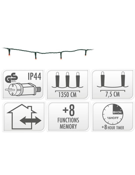 Kerstverlichting 180 led- 13.5m - rood - Timer - Lichtfuncties - Geheugen - Buiten