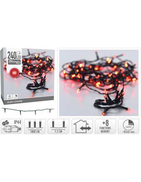 Kerstverlichting 240 led- 18m - rood - Timer - Lichtfuncties - Geheugen - Buiten