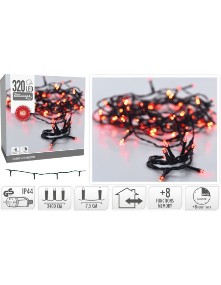 Kerstverlichting 320 led- 24m - rood - Timer - Lichtfuncties - Geheugen - Buiten