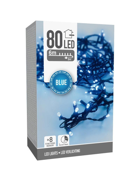 Kerstverlichting 80 led- 6m - blauw - Timer - Lichtfuncties - Geheugen - Buiten