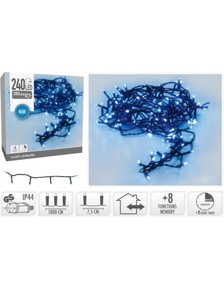 Kerstverlichting 240 led- 18m - Blauw - Timer - Lichtfuncties - Geheugen - Buiten