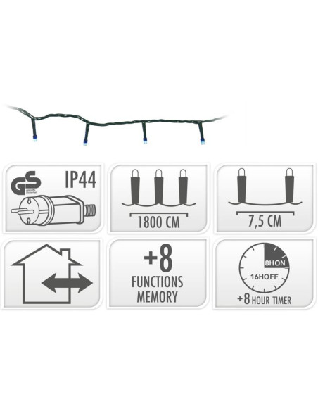Kerstverlichting 240 led- 18m - Blauw - Timer - Lichtfuncties - Geheugen - Buiten