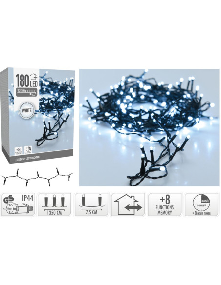 Kerstverlichting 180 led- 13.5m - wit - Timer - Lichtfuncties - Geheugen - Buiten