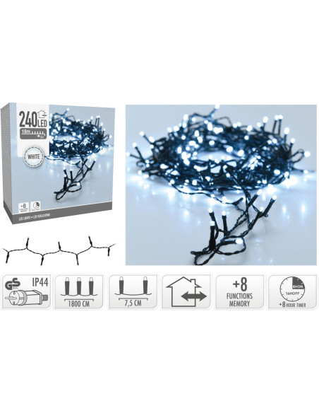 Kerstverlichting 240 led- 18m - wit - Timer - Lichtfuncties - Geheugen - Buiten