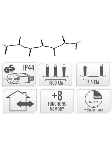 Kerstverlichting 240 led- 18m - wit - Timer - Lichtfuncties - Geheugen - Buiten