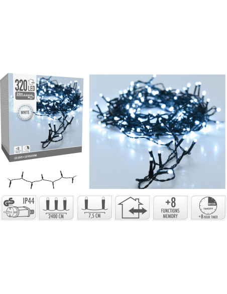 Kerstverlichting 320 led- 24m - wit - Timer - Lichtfuncties - Geheugen - Buiten