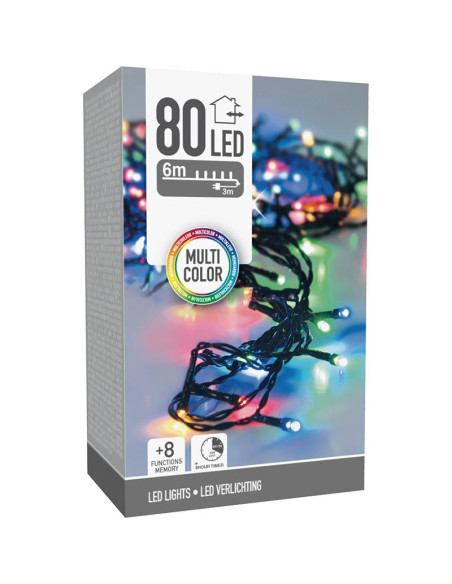 Kerstverlichting 80 led- 6m - multicolor - Timer - Lichtfuncties - Geheugen - Buiten
