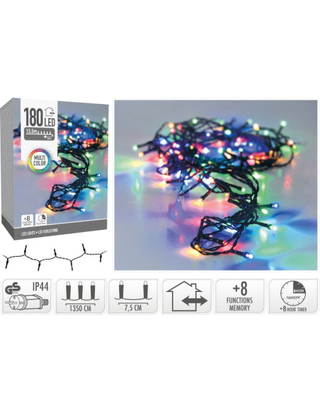 Kerstverlichting 180 led- 13.5m - multicolor - Timer - Lichtfuncties - Geheugen - Buiten