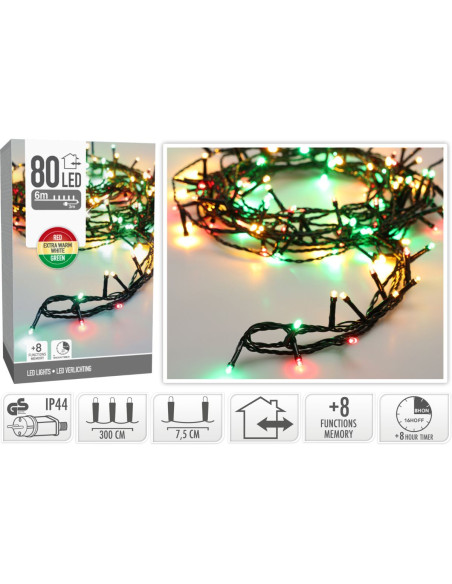 Kerstverlichting 80 led- 6m - three tone traditional - Timer - Lichtfuncties - Geheugen - Buiten