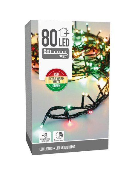 Kerstverlichting 80 led- 6m - three tone traditional - Timer - Lichtfuncties - Geheugen - Buiten