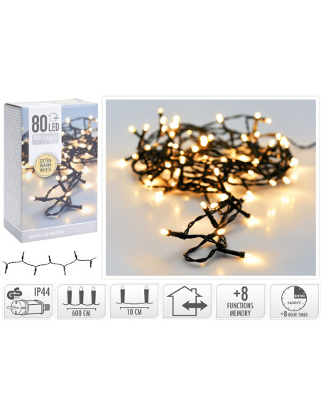 Kerstverlichting 80 led- 6m - extra warm wit - Timer - Lichtfuncties - Geheugen - Buiten