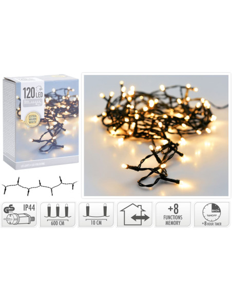 Kerstverlichting 120 led- 9m - extra warm wit - Timer - Lichtfuncties - Geheugen - Buiten