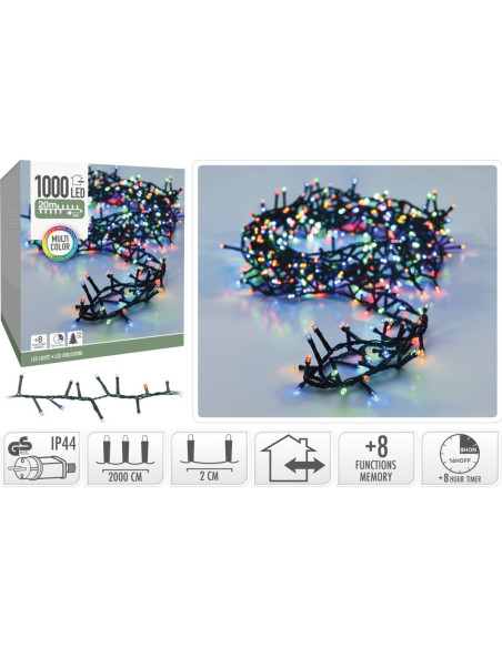 Microcluster - 1000 led - 20m - multicolor - Timer - Lichtfuncties - Geheugen - Buiten