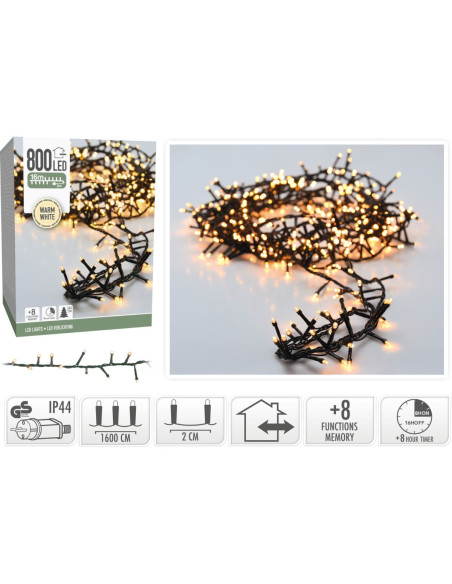 Microcluster - 800 led - 16m - warm wit - Timer - Lichtfuncties - Geheugen - Buiten