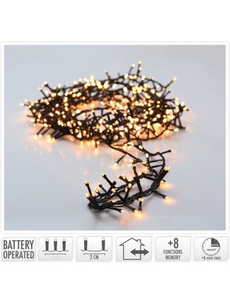 Micro Cluster 200 led - 4m - extra warm wit - Batterij - Lichtfuncties - Geheugen - Timer