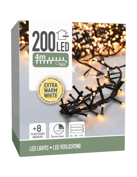 Micro Cluster 200 led - 4m - extra warm wit - Batterij - Lichtfuncties - Geheugen - Timer