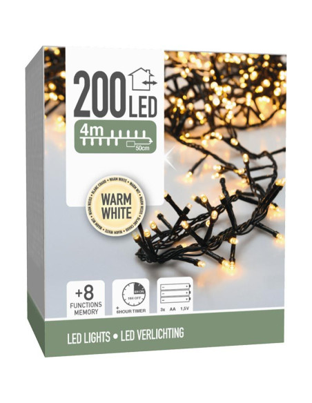 Micro Cluster 200 led - 4m - warm wit - Batterij - Lichtfuncties - Geheugen - Timer