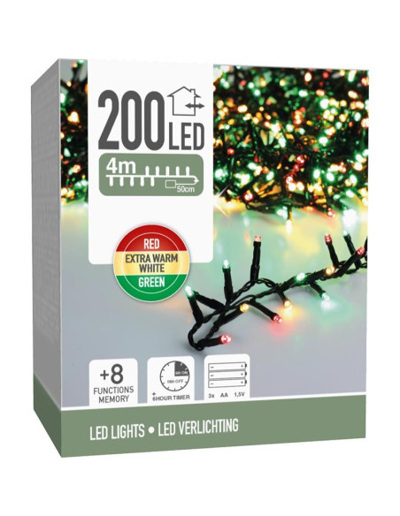 Micro Cluster 200 led - 4m - three tone traditional - Batterij - Lichtfuncties - Geheugen - Timer