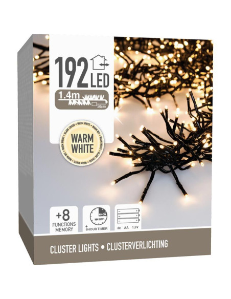 Clusterverlichting 192 led -  1.4m - warm wit - Batterij - Lichtfuncties - Geheugen - Timer