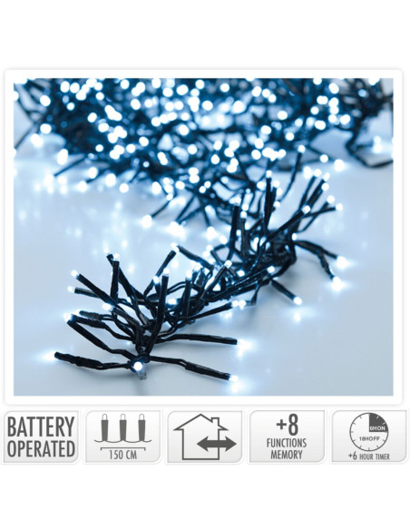 Clusterverlichting 192 led -  1.4m - wit - Batterij - Lichtfuncties - Geheugen - Timer