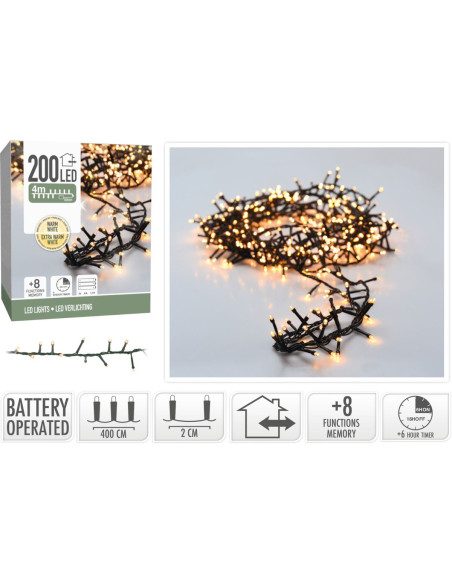 Micro Cluster 200 led - 4m - two tone romantic - Batterij - Lichtfuncties - Geheugen - Timer