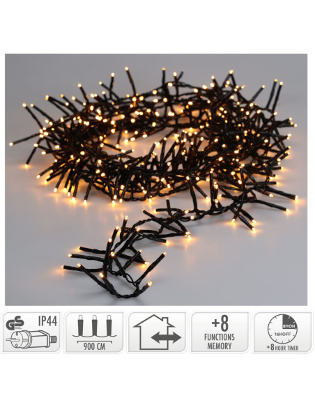Maxi Cluster Kerstverlichting - 600 led - 9m - extra warm wit - Timer - Lichtfuncties - Geheugen - Buiten