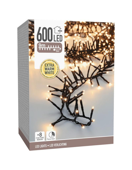 Maxi Cluster Kerstverlichting - 600 led - 9m - extra warm wit - Timer - Lichtfuncties - Geheugen - Buiten