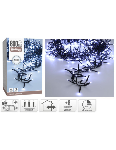Maxi Cluster Kerstverlichting - 800 led - 12m - wit - Timer - Lichtfuncties - Geheugen - Buiten