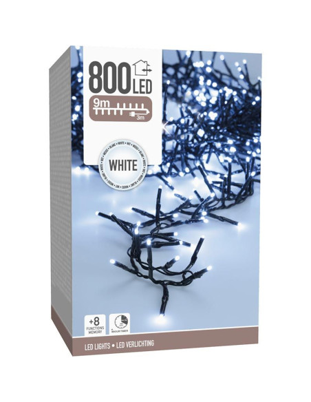 Maxi Cluster Kerstverlichting - 800 led - 12m - wit - Timer - Lichtfuncties - Geheugen - Buiten