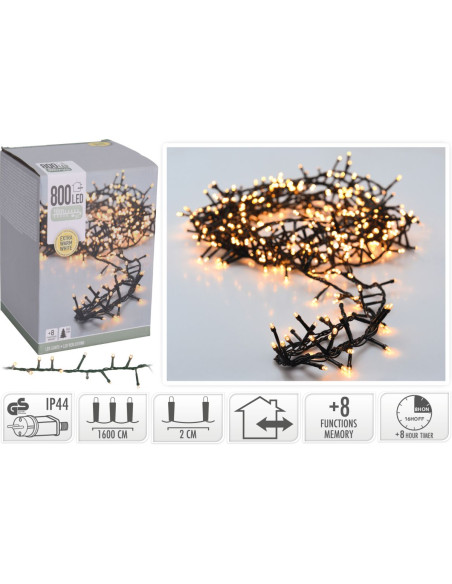 Microcluster - 800 led - 16m - extra warm wit - Timer - Lichtfuncties - Geheugen - Buiten