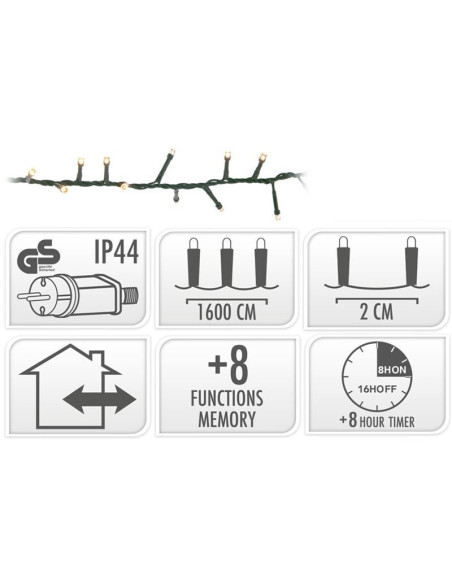 Microcluster - 800 led - 16m - extra warm wit - Timer - Lichtfuncties - Geheugen - Buiten
