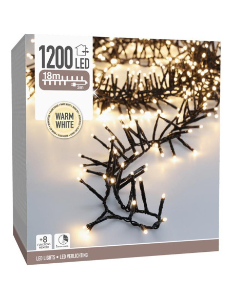 Maxi Cluster Kerstverlichting - 1200 led - 18m - warm wit - Timer - Lichtfuncties - Geheugen - Buiten