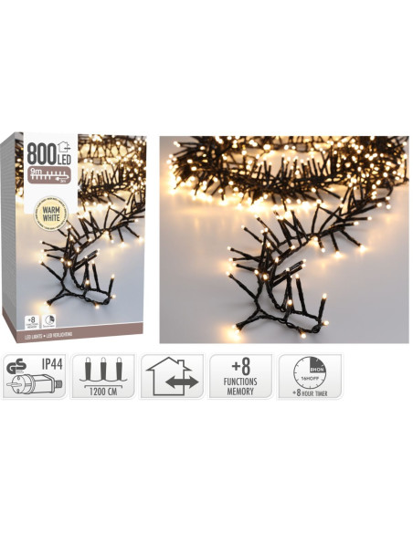 Maxi Cluster Kerstverlichting - 800 led - 12m - warm wit - Timer - Lichtfuncties - Geheugen - Buiten