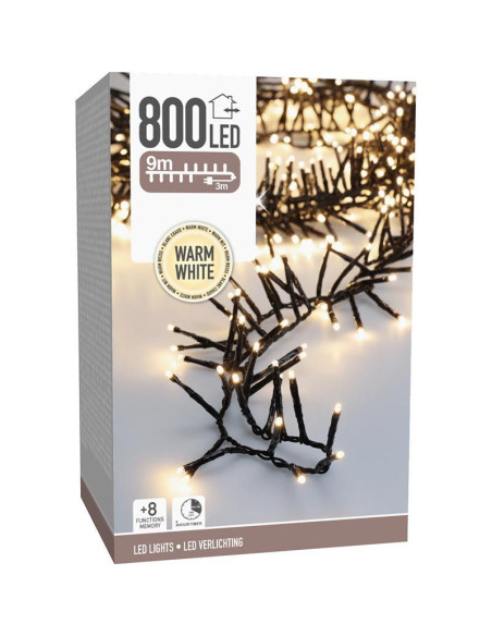 Maxi Cluster Kerstverlichting - 800 led - 12m - warm wit - Timer - Lichtfuncties - Geheugen - Buiten