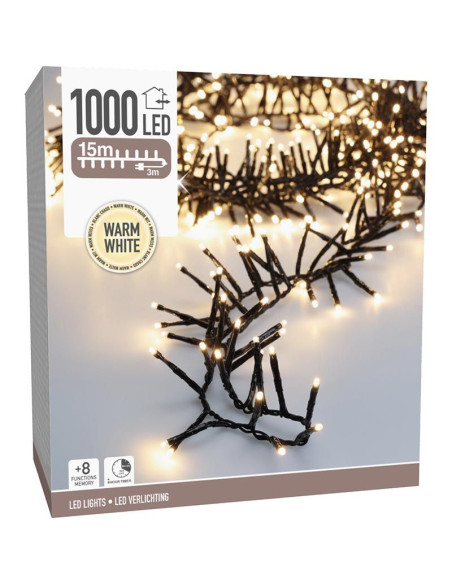 Maxi Cluster Kerstverlichting - 1000 led - 15m - warm wit - Timer - Lichtfuncties - Geheugen - Buiten