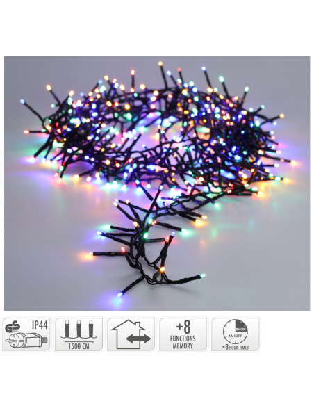 Maxi Cluster Kerstverlichting - 1000 led - 15m - multicolor - Timer - Lichtfuncties - Geheugen - Buiten