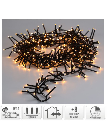 Maxi Cluster Kerstverlichting - 1200 led - 18m - extra warm wit - Timer - Lichtfuncties - Geheugen - Buiten