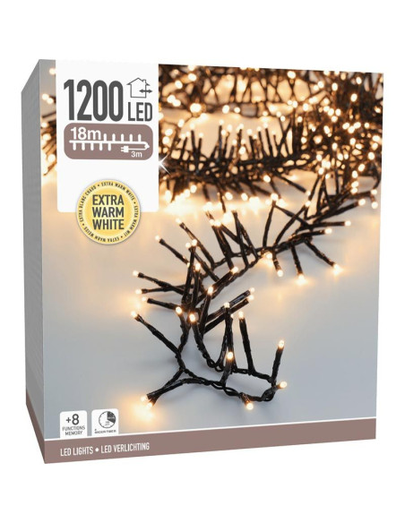 Maxi Cluster Kerstverlichting - 1200 led - 18m - extra warm wit - Timer - Lichtfuncties - Geheugen - Buiten